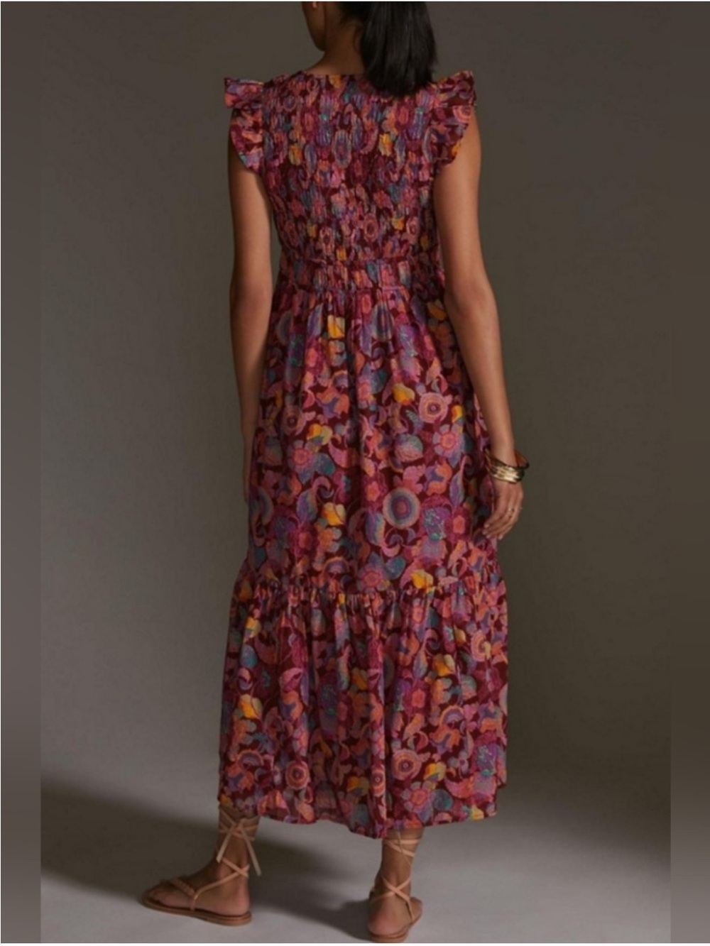 Anthropologie The Peregrine Smocked Floral V-Neck Ruffle Dress Wine Floral - Picture 5 of 13